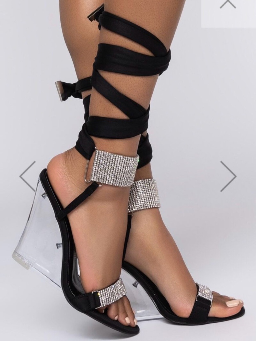 Black Lace-Up Wedge Sandals with Ribbon Straps